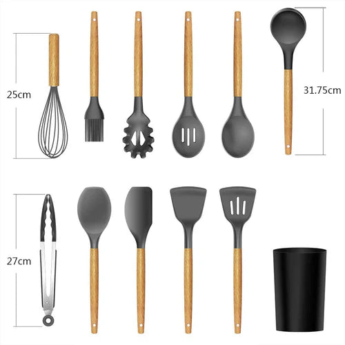 Kitchen Set, 12 Pieces, Silicone Spatulas and Spoons, Heat Resistant, Wooden Handles (Black)      filler