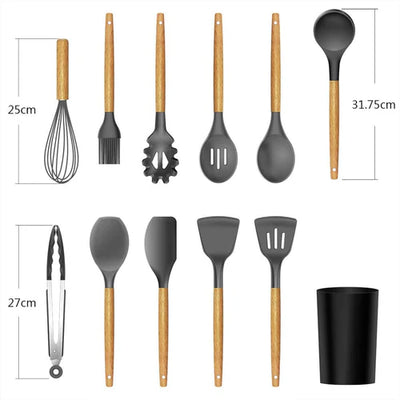 Kitchen Set, 12 Pieces, Silicone Spatulas and Spoons, Heat Resistant, Wooden Handles (Black)      filler