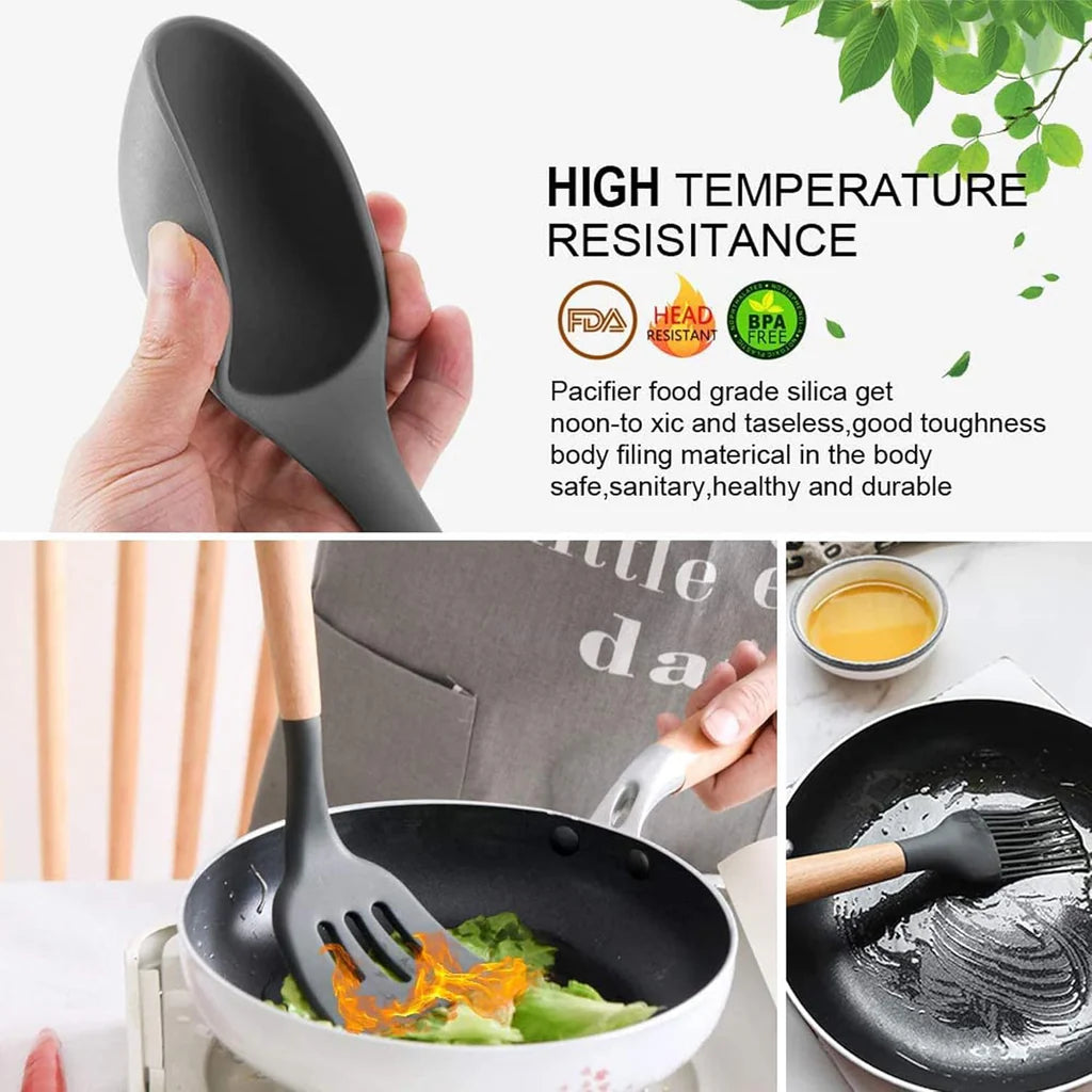 Kitchen Set, 12 Pieces, Silicone Spatulas and Spoons, Heat Resistant, Wooden Handles (Black)      filler