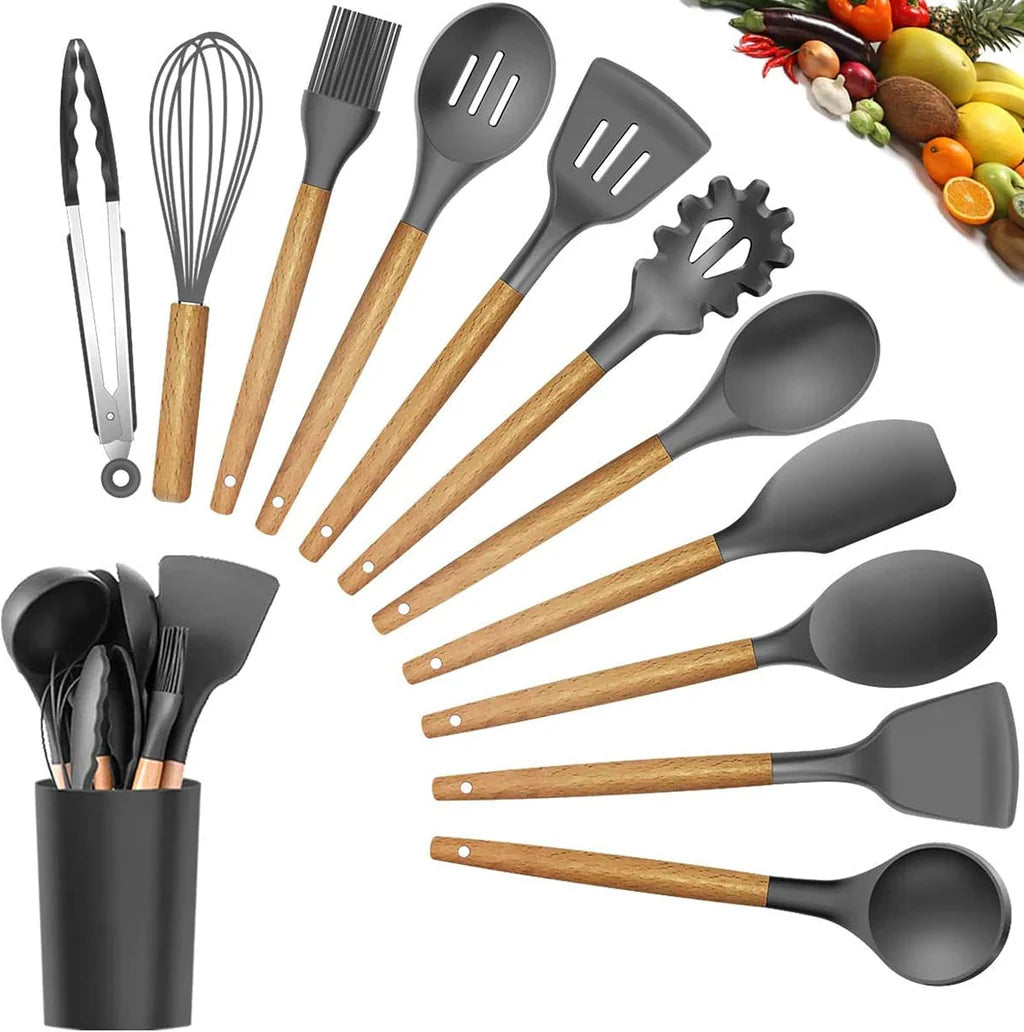 Kitchen Set, 12 Pieces, Silicone Spatulas and Spoons, Heat Resistant, Wooden Handles (Black)      filler